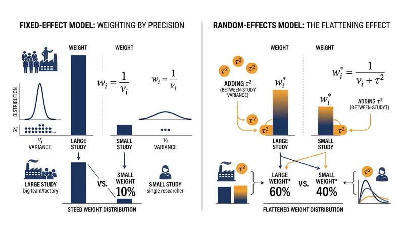 How tau-squared flattens inverse-variance weights in a random-effects model.