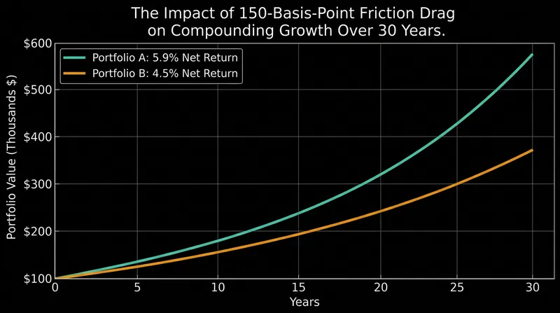 The 1.5% annual insurance fee acts as a compounding friction drag, significantly reducing median legacy wealth over a 30-year horizon.