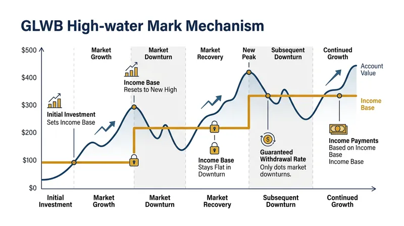 The high-water mark locks in market gains for the income base, ensuring payouts do not drop when the underlying portfolio loses value.