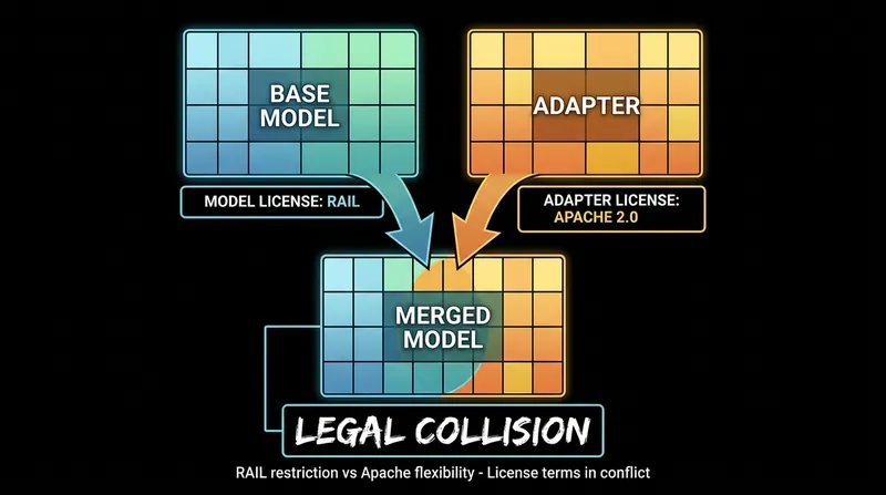 Merging a permissive adapter into a restricted base model creates an unresolvable licensing conflict.