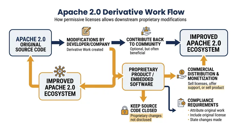 The Apache 2.0 license permits developers to distribute derivative works under different terms.