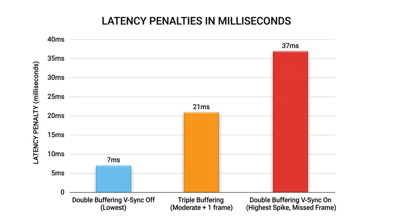 Triple buffering trades a constant one-frame latency penalty to prevent the massive latency spikes caused by double-buffered GPU stalls.