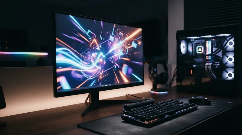 A high-end gaming monitor displaying a bright muzzle flash in a dark room, with a mechanical keyboard visible in the blurred foreground.