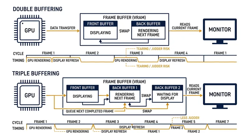 Triple buffering adds a second back buffer, allowing the GPU to continue rendering while waiting for the monitor to refresh.