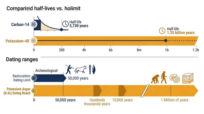 The 1.25-billion-year half-life of potassium-40 allows scientists to date rocks far beyond the 50,000-year limit of radiocarbon dating.
