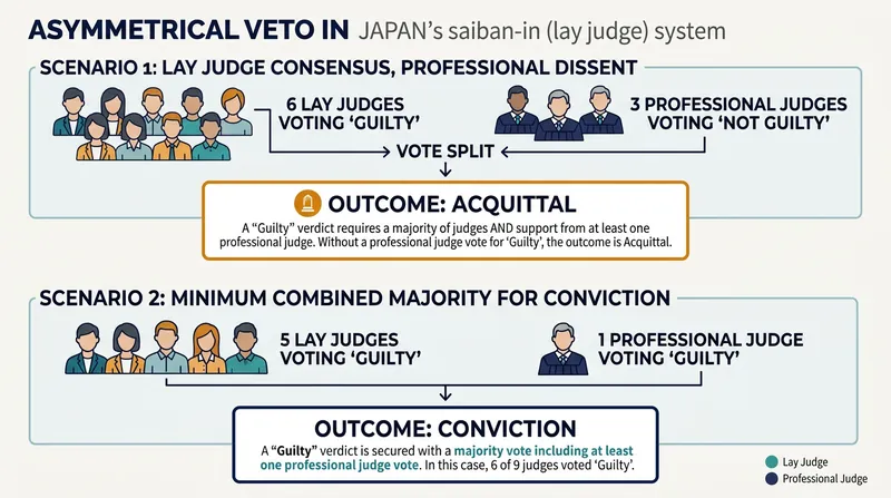 Japan requires at least one professional judge to agree with the lay majority to secure a conviction.