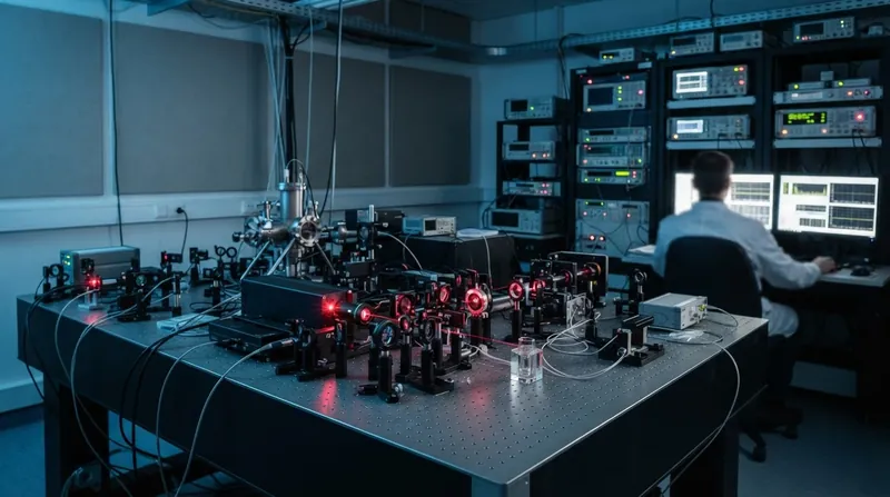 A highly precise atomic clock facility with metallic scientific instruments and glowing digital time displays.