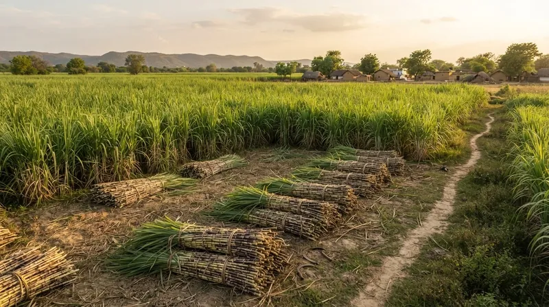 Workers harvesting sugarcane in a vast agricultural field under a bright sky in rural India.