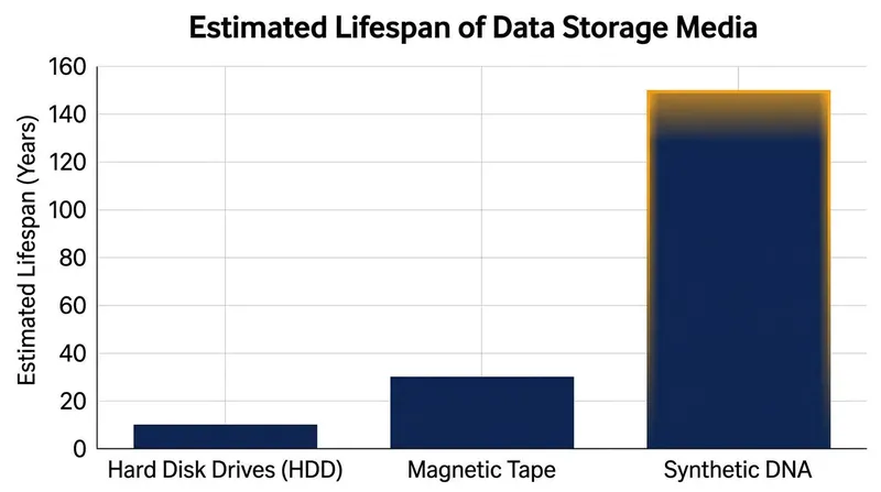 Synthetic DNA offers a theoretical lifespan of up to 150 years, far exceeding traditional magnetic media.