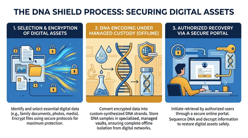 How digital assets are converted into synthetic DNA and recovered during a crisis.