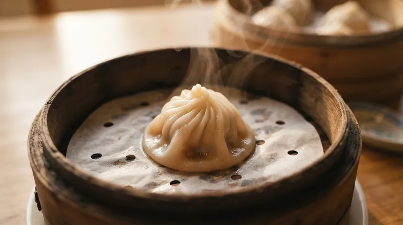Close-up of a steaming soup dumpling in a bamboo basket, showing a translucent wrapper and dark broth.