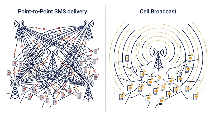 Unlike standard SMS, which requires an individual connection for every device, Cell Broadcast radiates a single message to all listening handsets.