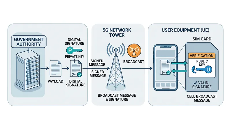 Recent 3GPP specifications introduce cryptographic signatures to prevent malicious actors from spoofing emergency broadcasts using rogue cell towers.