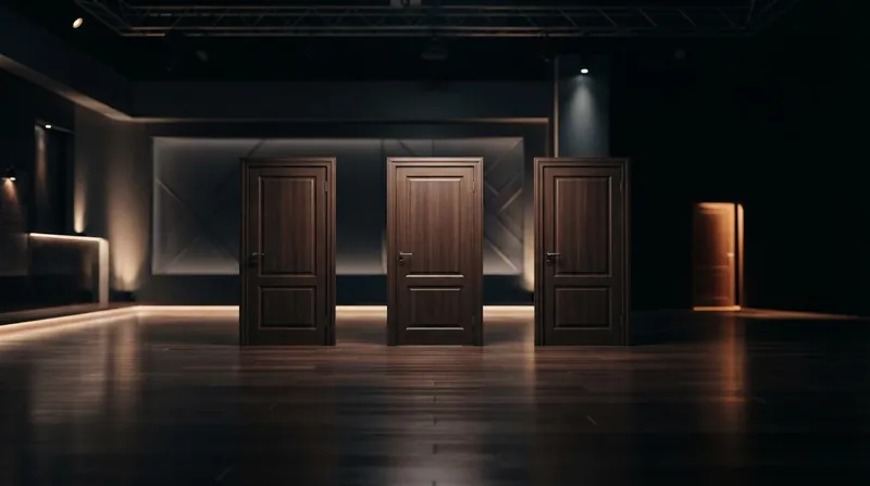 Three brightly colored closed doors on a game show stage under cinematic studio lighting.