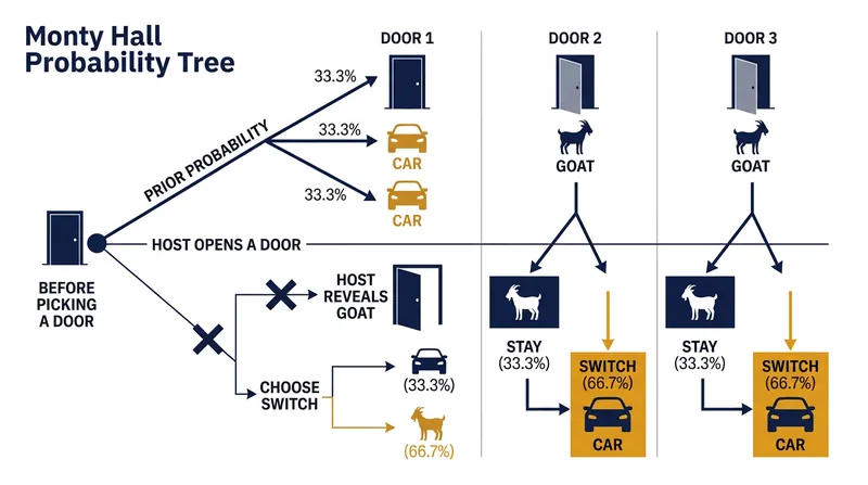 The probability mass of the two unchosen doors collapses onto the single remaining closed door after the host's forced revelation.