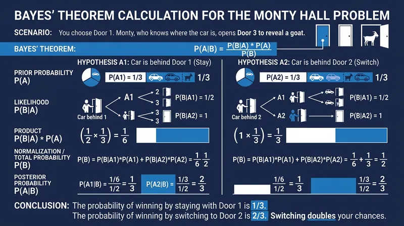 Bayes' theorem proves that the likelihood of the host's action is 100 percent if the car is behind the unchosen door, doubling the odds of switching.