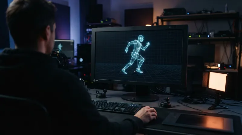 A human streamer seen from behind, looking at a monitor where an anime-style 3D virtual avatar mimics their head movement.