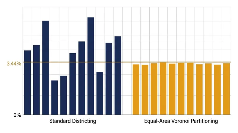 Equal-area constraints force the algorithm to balance population loads across the geometric cells.