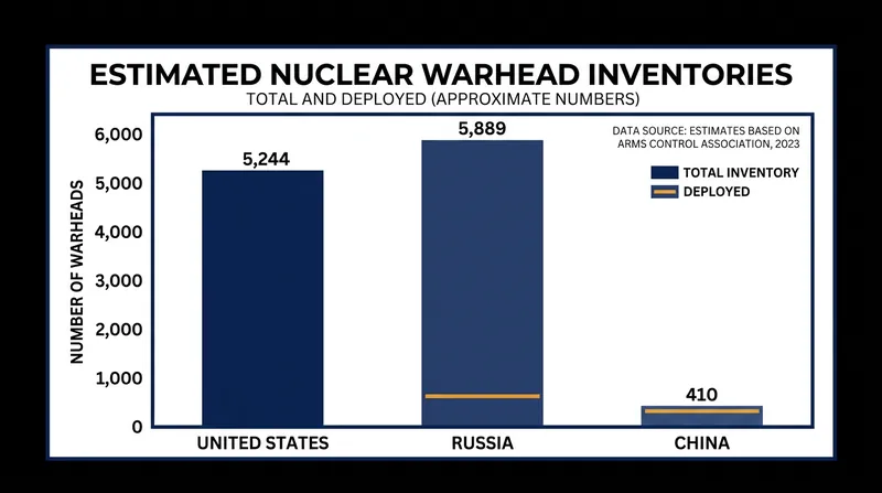 The United States and Russia hold roughly 88 percent of the world's nuclear inventory, while China's arsenal is rapidly expanding.