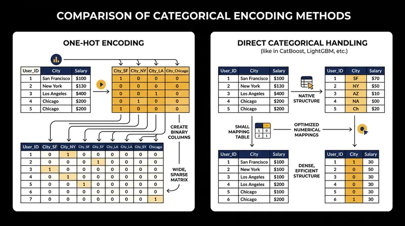 Direct categorical sorting prevents the artificial dimensionality expansion caused by traditional one-hot encoding.