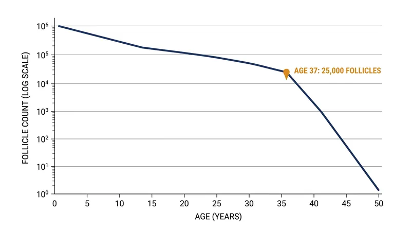 The rate of follicle loss accelerates exponentially once the total pool drops below 25,000 at approximately age 37.