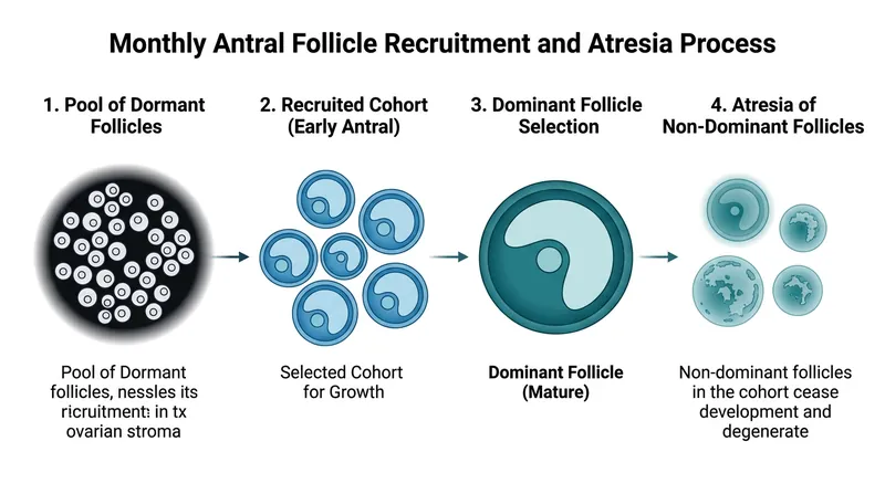 Each month, a cohort of follicles is recruited, but typically only one matures while the rest undergo natural cell death.