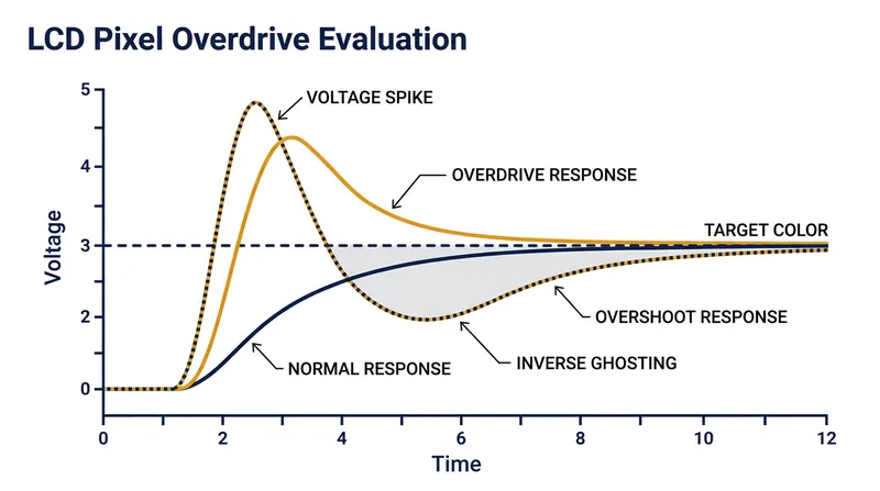 Overdrive applies a voltage spike to force a faster transition, but excessive voltage causes the pixel to overshoot its target shade.