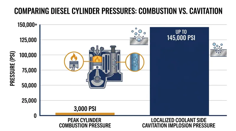 The microscopic implosion of a cavitation bubble strikes the cast iron with nearly 50 times the force of the engine's internal combustion.