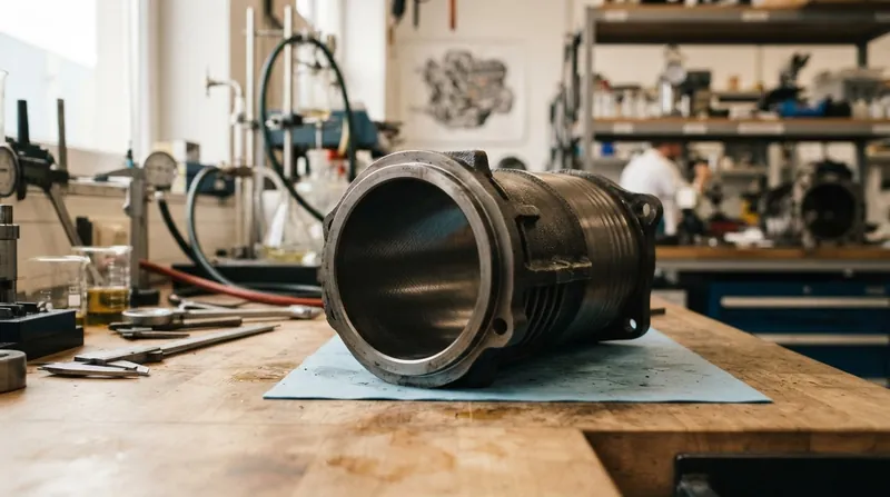A thick cast-iron cylinder liner from a heavy-duty diesel engine, showing smooth machined surfaces.