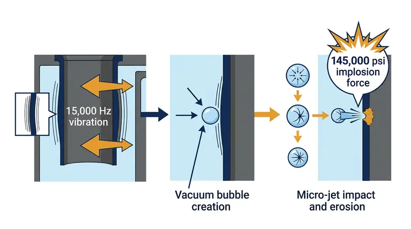 Piston slap causes the cylinder liner to vibrate, creating localized vacuums that boil the coolant and collapse with immense force.