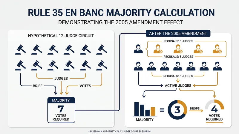 The 2005 amendment to Rule 35 clarified that recused judges are excluded from the baseline calculation.