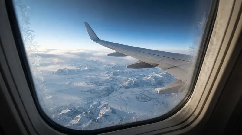 A commercial airliner flying high above a fractured expanse of white Arctic sea ice.