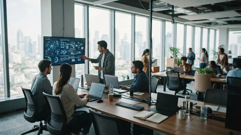 Two software engineers in business casual attire analyzing data on a laptop inside a modern corporate server room.