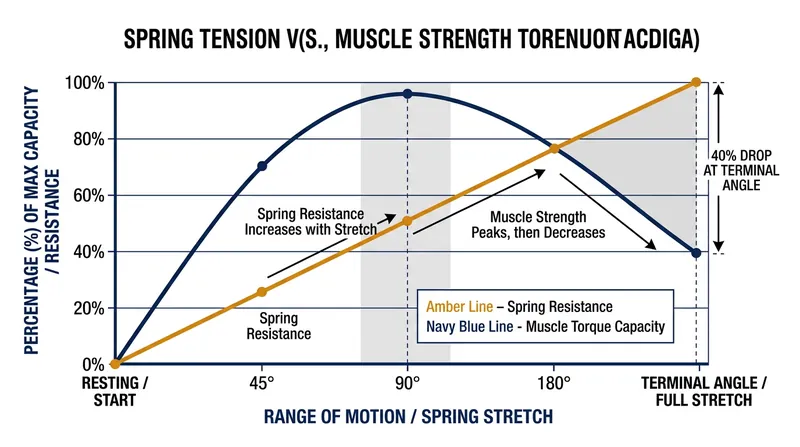 As the spring stretches to its heaviest point, the joint's mechanical ability to generate force drops by up to 40 percent.