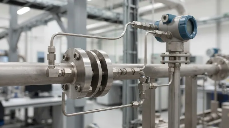 Illustration: An orifice plate restricts the fluid path to create a measurable pressure drop.