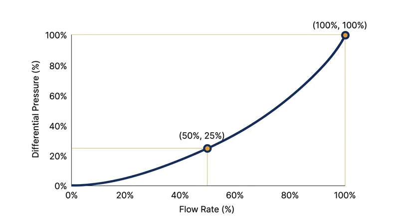 The quadratic relationship between volumetric flow rate and differential pressure.