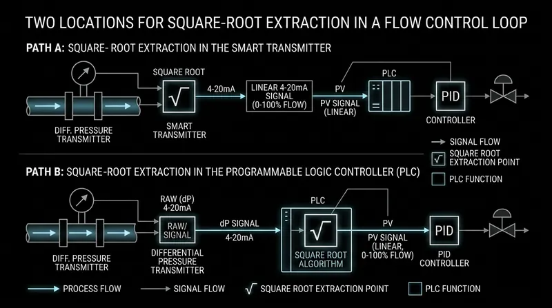 Square-root extraction can be performed in the transmitter or the central controller.