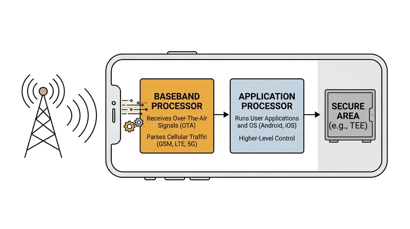The baseband processor must parse complex, untrusted radio signals before cryptographic authentication is established.
