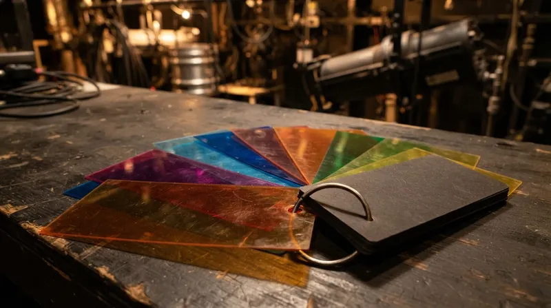 A technician's hand flipping through a thick swatch book of colored theatrical lighting gels.