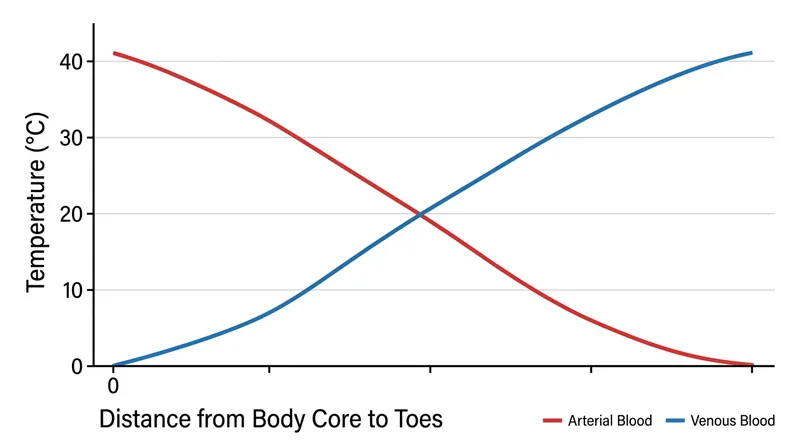 The thermal gradient ensures blood entering the foot is already chilled.