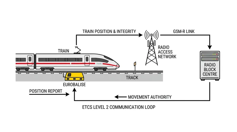 The Radio Block Centre relies on trackside balises for location data and GSM-R cellular towers to transmit movement authorities.