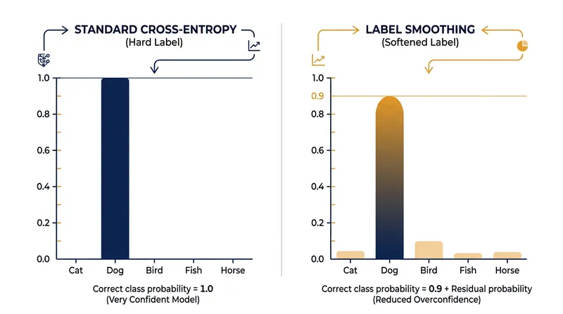 Label smoothing prevents infinite confidence scaling by setting the target probability slightly below 100 percent.
