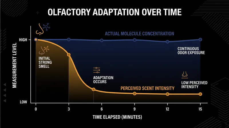 Perceived intensity of a constant fragrance drops by more than half within the first few minutes.