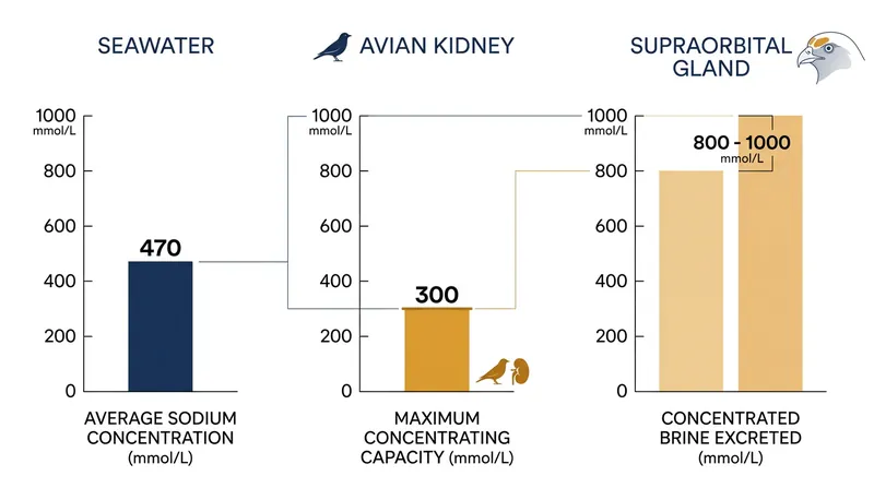 Because the avian kidney cannot concentrate urine beyond 300 mmol/L, the salt gland is required to process seawater.