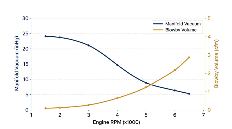 Blowby gas volume peaks exactly when the intake manifold vacuum available to extract it is at its weakest.
