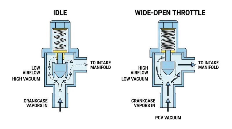 At idle, high vacuum pulls the pintle closed to restrict flow; under load, the spring pushes it open.