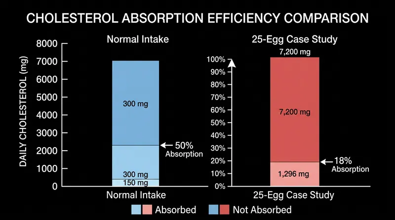 As dietary cholesterol intake rises to extreme levels, the intestine's absorption efficiency drops drastically to compensate.