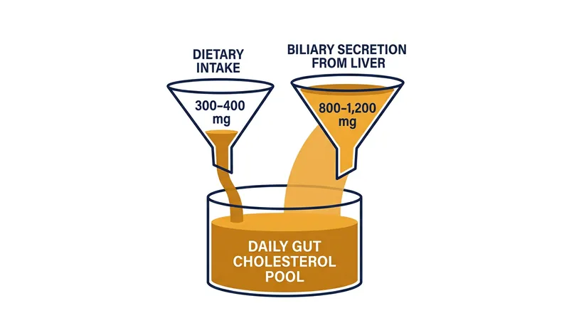 The liver secretes roughly three times more cholesterol into the gut than a typical person consumes through food.