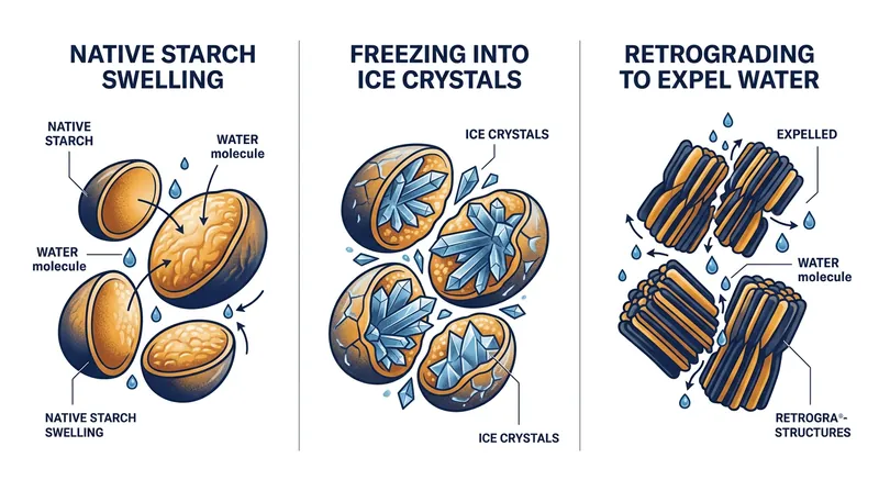How native starches expel water during a freeze-thaw cycle.