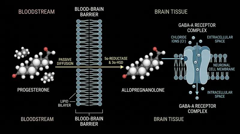 Progesterone easily crosses the blood-brain barrier, where it converts into allopregnanolone to inhibit electrical firing.
